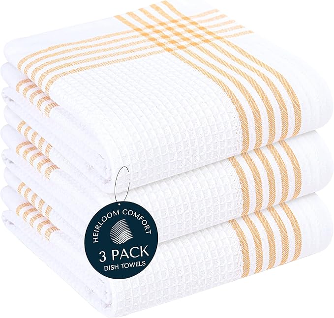 Mustard Yellow and White Waffle Kitchen Towels 3 Pack, 100% Cotton, 16x26 Inch, Super Absorbent, Quick Dry Dish Towels, Reusable & Soft Dishcloths for Kitchen Cleaning