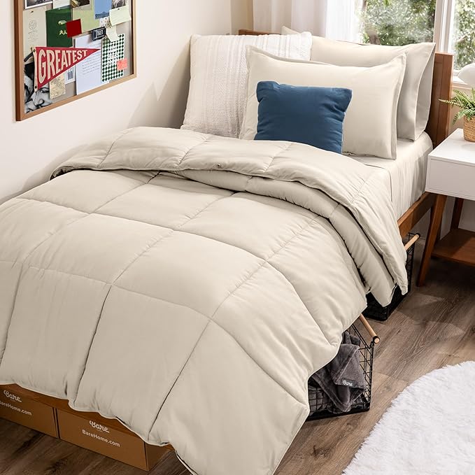 Bare Home Bed-in-A-Bag 5 Piece Comforter & Sheet Set - Twin XL - Goose Down Alternative - Ultra-Soft 1800 Premium Bed Set (Twin XL, Sand/Sand)