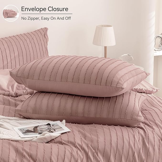 JELLYMONI Duvet Cover Full Size Smokey Pink - 3PCS Boho Striped Duvet Cover Set Polyester Tufted Bohemian Textured Comforter Cover 80×90in with Corner Ties & Zipper and 2 Pillowcases