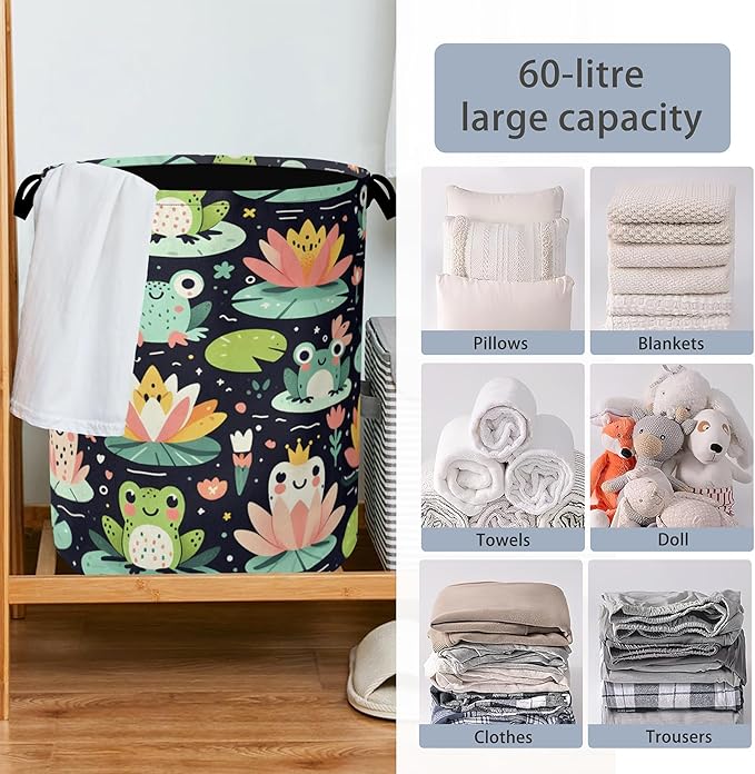 Funny Frog Laundry Basket,Foldable Oxford Cloth Tote Bag Laundry Hamper Clothes Storage Bucket Organizer for Bedroom Laundry Storage Dormitories 16" x 20.8"
