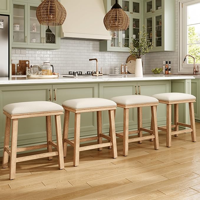 MAISON ARTS Off White Counter Height 24 inch Bar Stools Set of 4 for Kitchen Counter Solid Wood Legs with Faux Leather Padded Seat Farmhouse Barstools for 34"-38" Counter Island Upholstered Stools
