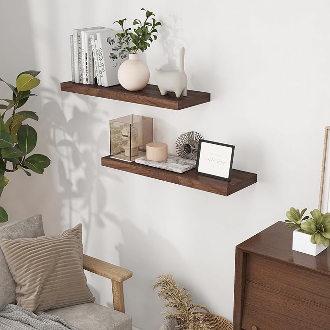 Fun Memories 32 Inch Floating Shelves, Wall-Mounted Bathroom Shelves Set of 2, 9.3 Inch Deep Floating Shelf Bookshelf for Living Room, Bedroom, Heavy-Duty Deep Storage Shelf for Wall, Walnut Color