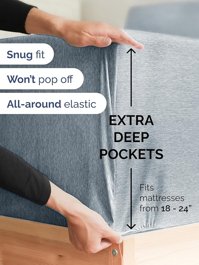 Extra Deep Pocket King Sheets - 4 Piece Breathable & Cooling Bed Sheets - Hotel Luxury Sheet Set - Soft, Wrinkle Free & Comfy - Easily Fits Extra Deep Mattresses - Deep Pocket Heathered Blue Sheets