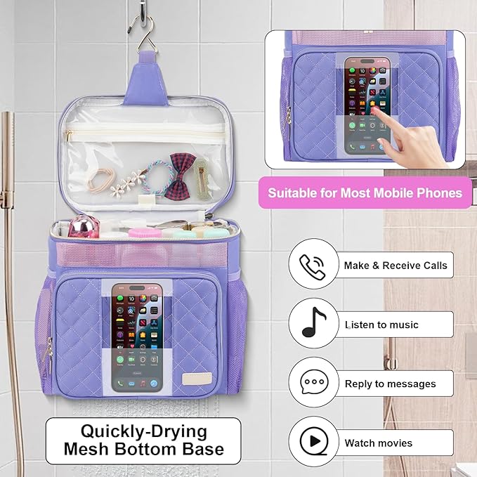 Portable Shower Caddy College, Quickly Dry Tolietry Mesh Tote Bag for Dorm Room Essentials, Hanging Bathroom Organizer Bag for Travel, Gym, Camping (Purple)