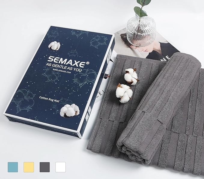 SEMAXE Bath Mat for Bathroom 2-Pack, 100% Cotton Non-Slip Mats [Not a Bathroom Rug], Super Absorbent and Soft Floor Towels, Machine Washable Shower Foot Towels, Charcoal Gray