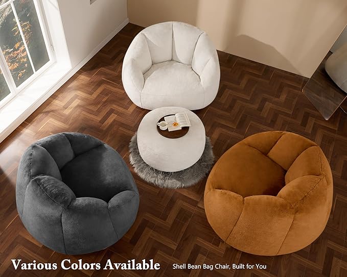 Swivel Giant Bean Bag Chair for Adults with Ottoman - Comfy Plush Round Shell Soft Accent Chaise Lounge Indoor Reading Chair, Oversized Cozy Floor Sofa for Living Room, Bedroom Dorm, Gray