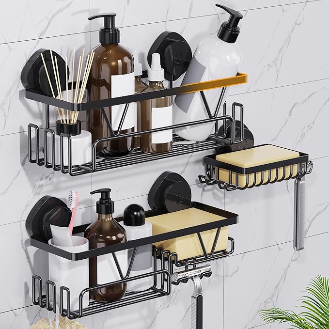 KEGII Shower Caddy Suction Cup, 3 Pack Removable Shower Shelves with Hooks & Soap Holder, No Drilling Bathroom Organizer, Waterproof Suction Storage for Inside Shower, Black