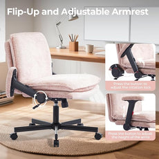 Criss Cross Chair with Flip-Up Arms and Lockable Wheels, Plush Fabric Cross Legged Office Desk Chair,Wider 125°Tilting Adjustable Swivel Computer Chair for Home, Apartment, Bedroom,Pink