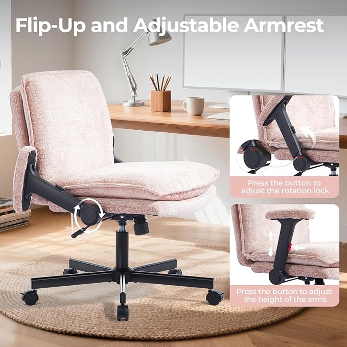 Criss Cross Chair with Flip-Up Arms and Lockable Wheels, Plush Fabric Cross Legged Office Desk Chair,Wider 125°Tilting Adjustable Swivel Computer Chair for Home, Apartment, Bedroom,Pink