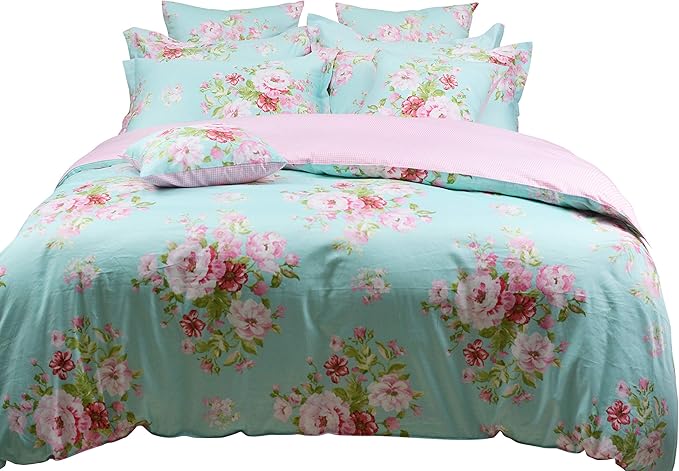 FADFAY Shabby Floral Duvet Cover Set Pink Grid Cotton Farmhouse Bedding with Hidden Zipper Closure 3 Pieces, 1duvet Cover & 2pillowcases,King/California King Size