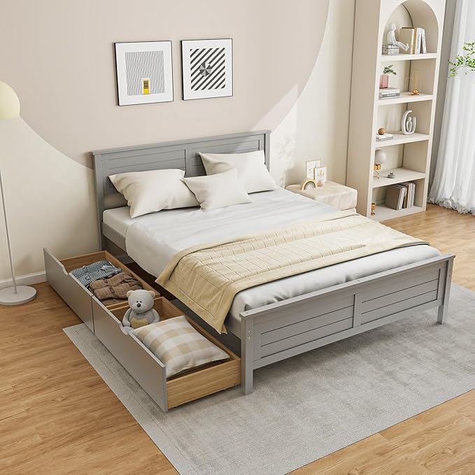 Giantex Wood Full Size Bed Frame with 2 Storage Drawers, Solid Wood Platform Bed with Headboard, Wooden Slats Mattress Foundation, No Spring Needed, Full Bed Frame for Kids, Teens, Adults, Grey