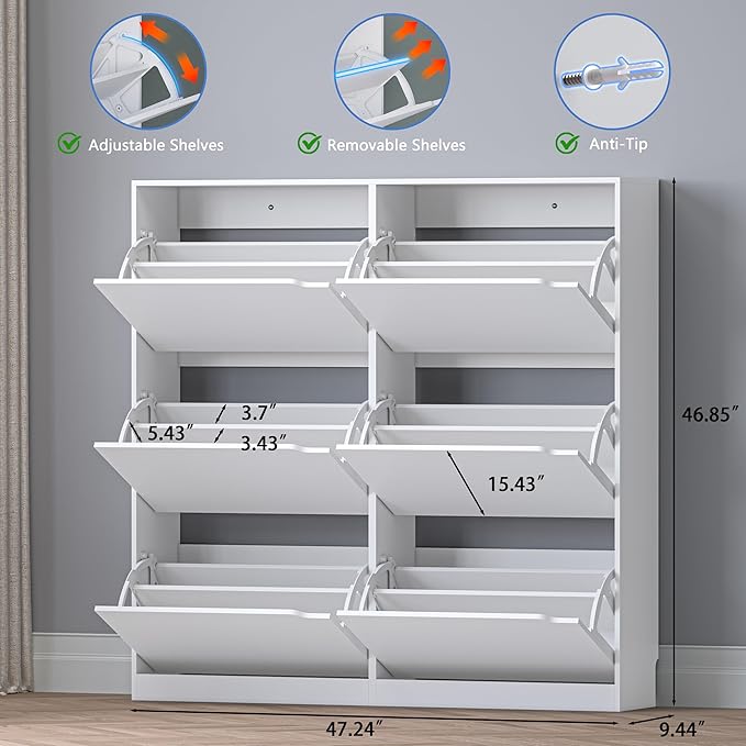 Shoe Cabinet with 6 Flip Drawers, Slim Narrow Shoe Storage Cabinet, Freestanding Shoe Organizer for Entryway, Hallway, Foyer