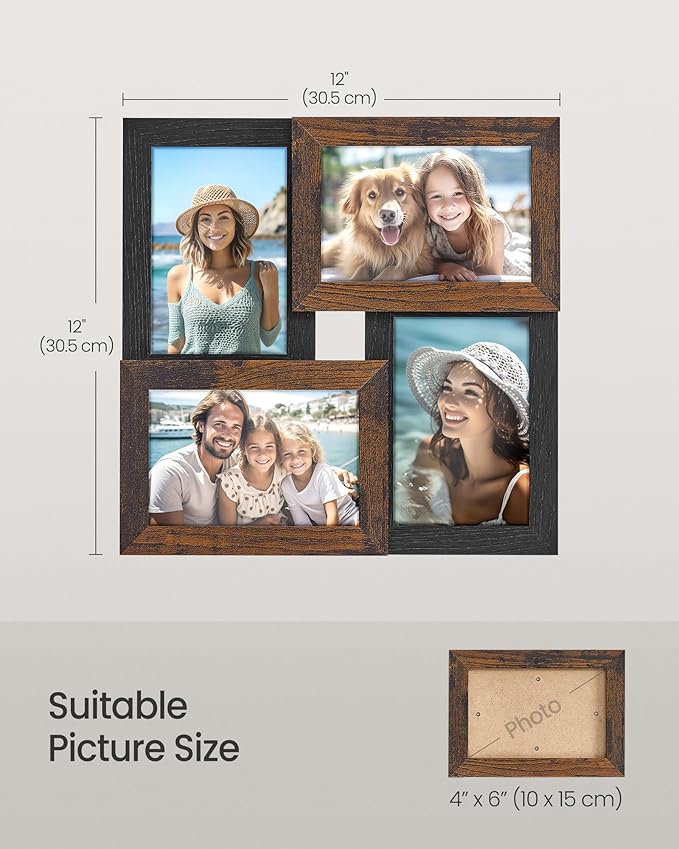 SONGMICS 4x6 Collage Picture Frames, Family Photo Collage Frame Set of 4 for Wall Decor, Glass Front, Wall Hanging or Tabletop, Ash Black and Rustic Brown URPF025K01