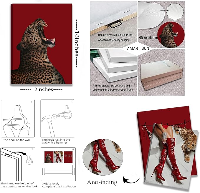 XLYFVLGF 3Pcs Red Fashion Leopard Canvas Wall Art Cheetah Wall Decor Pictures Stylish long boots print Bikini Painting Artwork for Living Room Bedroom Bathroom Corridor Home Decoration 12x16in