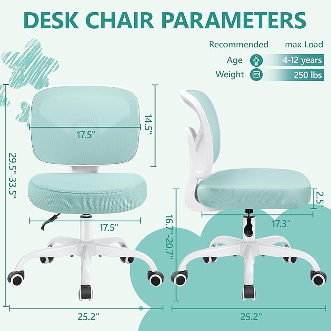 Primy Kids Desk Chair, Pink Study Chair for Boys Girls with Height Adjustable, Swivel Mesh Task Student Chairs for 4-12, Growing Teen Office Chair for Home/School/Office (Light Teal)