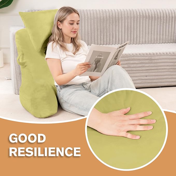 Portable Reading Pillows with Headrest for Bed Sitting Up(Yellow Oeko-Tex), Velvet Back Pillow with Arms & Pockets for Adults, Support Memory Foam Bed Pillow for Dorm/Reading/Watching/Gaming