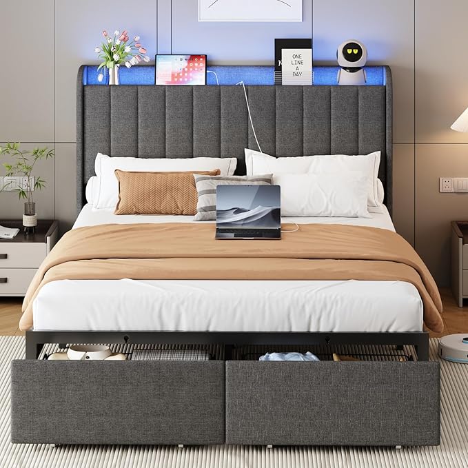 Full Size Bed Frames with Storage Headboard and 2 Drawers, Upholstered Platform Bed Frame Full with Led Lights and Handy Charging Station, No Box Spring Needed, Easy Assembly, Noise Free, Gray
