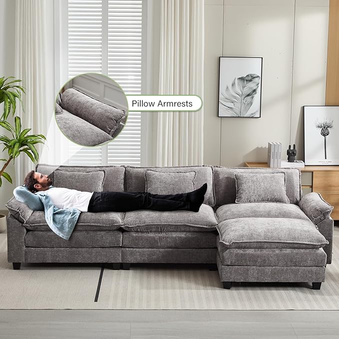 120" Modular Sectional Sofa, Comfy Cloud Couch Sectional Sofa with Ottoman, Chenille Sofa Sleeper Deep Seat Sofa with Throw Pillows for Living Room (Light Gray, 120"- L Shape)