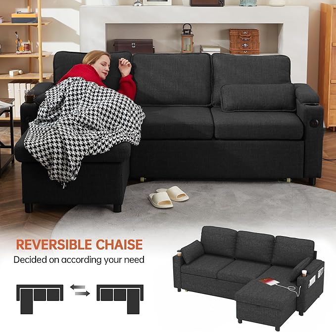 DURASPACE Sofa Bed, Sleeper Sofa Couch with Pullout Bed for Living Room, L Shaped Couch with Storage Chaise, USB, Cup Holder (Dark Gray)
