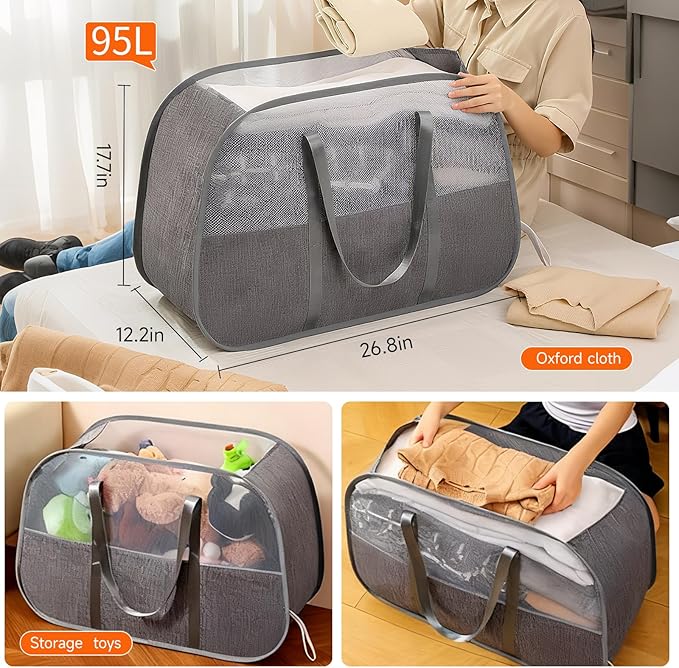 Large Collapsible Laundry Hamper, Gray Oxford Cloth 95L Capacity laundry basket with Handles,Breathable Mesh Design, Sturdy Steel Frame Clothes Hamper,26.8x12.2x17.7 Inch