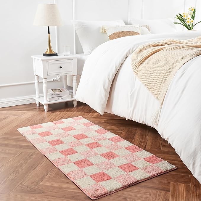 CozeCube Bath mats for Bathroom Non Slip, Fluffy Absorbent Microfiber Bath mat Washable, Aesthetic Bathroom Rugs, Large Blossom Pink Checkered Bath mat, Blossom Pink, 36" x 24"