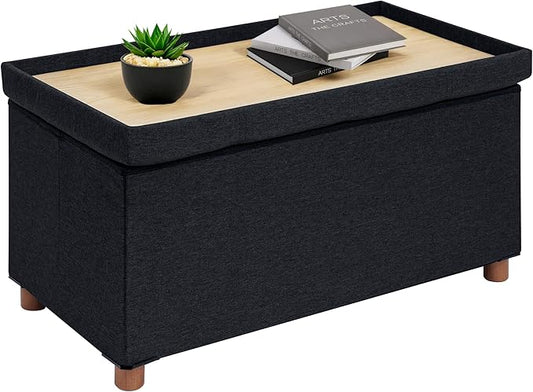 B FSOBEIIALEO Storage Ottoman with Tray, Foot Stools and Ottomans with Legs, Storage Cube Seat Linen Black 30"
