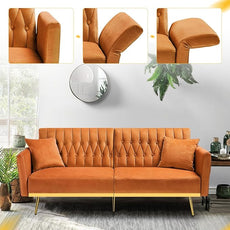 70” Velvet Futon Sofa Bed w/Adjustable Armrests & 2 Pillows, Convertible Futon Couch w/Adjustable Backrests, Modern Sleeper Bed for Living Room, Bedroom, Orange