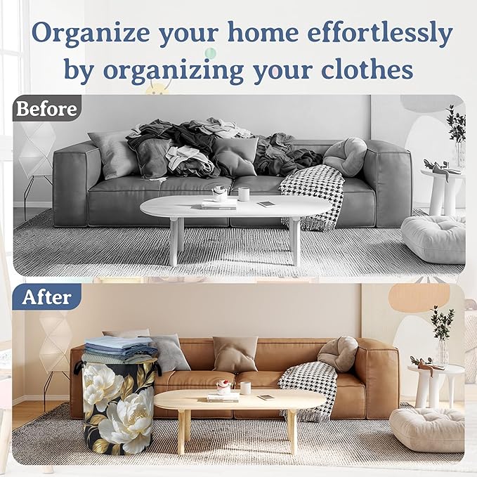 White Flowers Laundry Hamper With Handle,Foldable Oxford Cloth Glitter Blooming Laundry Basket,20.8"x16" Clothes Storage Basket for Laundry Room/Bedroom/Bathroom