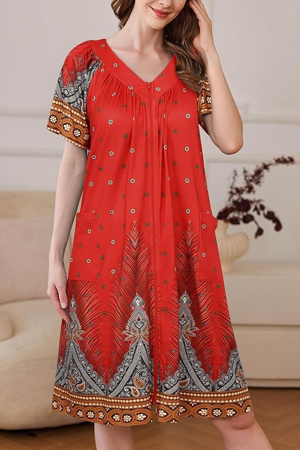 Ekouaer Women Robe Zipper Front Mumu Duster Robes Zip Up Housecoat Soft Sleepwear with Pockets