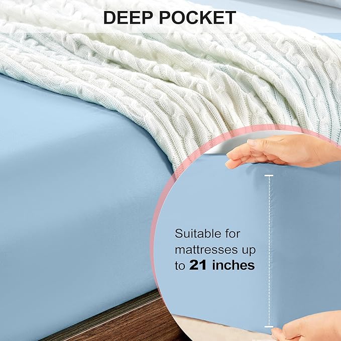 FreshCulture Queen Fitted Sheet Only - Hotel Quality Ultra Soft & Breathable Brushed Microfiber Fitted Sheet with 21 Inch Deep Pockets - Fits Queen Size Bed (Light Blue)