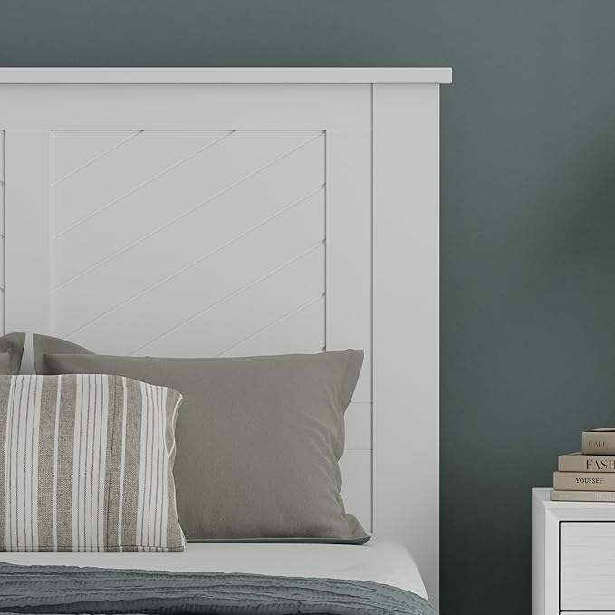 Serene Poplar Wood Twin Size Headboard in White, Modern Farmhouse Panel with Chevron Scoring, Casual Coastal Style, Easy Assembly, Quality Materials