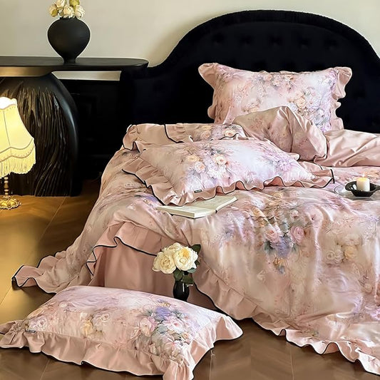 HighBuy Pink Floral Ruffle Duvet Cover Set Twin,Ruffle Comforter Cover Chic Cottagecore Brushed Cotton Breathable for Teen Girls,3 Piece Farmhouse Bedding Set(1 Duvet Cover,2 Pillowcases)