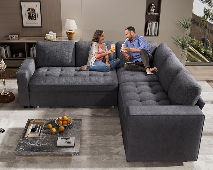 WEUP 5 Seat L Shaped Sectional Sleeper Sofa Bed with Pull Out Bed, Chenille Sectional Sleeper Couch with Adjustable Backrest, USB Ports & Storage Seat, Tool-Free Assembly, Chenille Dark Grey