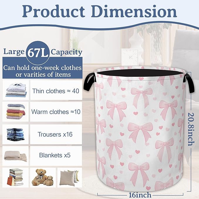 Cute Pink Bow Laundry Basket,Foldable Oxford Cloth Heart Laundry Hamper with Handles, 20.8"x16" Tote Bag Clothes Storage Bucket for Laundry Room/Bathroom/Bedroom/Dormitories