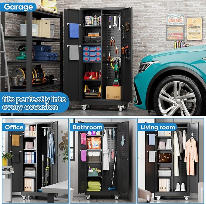 SUXXAN Broom Closet Storage Cabinet with Wheels 71.4"x 31.5"x15.7", Metal Cleaning Cabinets with Hooks and Hanging Rods, Lockable Cabinet with Pegboard, Adjustable Shelf,for Garage, Laundry Room