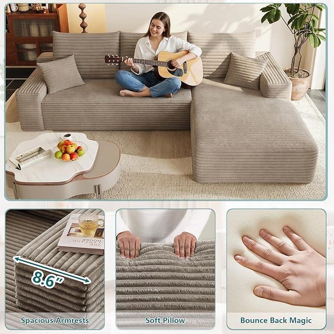 95" Modular Sectional Couch, Boneless L Shaped Cloud Sofa with Chaise Lounge, Corduroy Upholstered Couches Memory Foam Deep Seat, No Assembly Required, Ideal for Living Room(Camel, Right Facing)