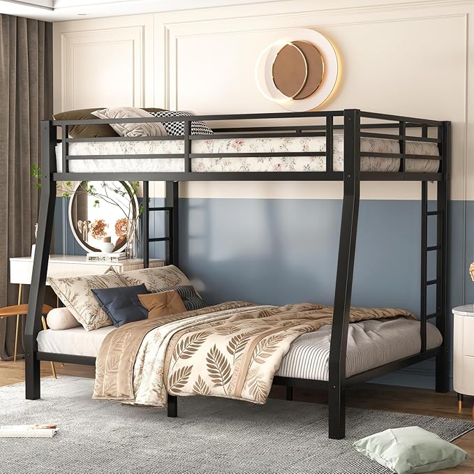 Full XL Over Queen Bunk Bed, Metal Bunk Bed Frame Heavy Duty Bunk Beds Loft Bed Frame with Ladder and Guardrail Metal Slats No Box Spring Required for Adults Teens, Black