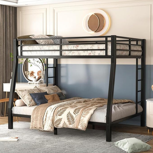 Full XL Over Queen Bunk Bed, Metal Bunk Bed Frame Heavy Duty Bunk Beds Loft Bed Frame with Ladder and Guardrail Metal Slats No Box Spring Required for Adults Teens, Black