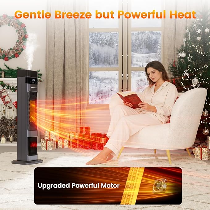 VCJ 31" Space Heaters with Humidifier, 12H Timer Electric Heater for Indoor Use, Remote, 120° Oscillation, Overheat & Tip-Over Protection, Quiet Portable Tower Heater for Bedroom Living Room Garage