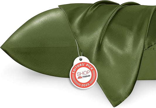 Bedsure Satin Pillowcase 2 Pack Similar to Silk Pillow Cases Standard Size, Pillow Case for Hair with Envelope Closure, Olive Green Room Decor Aesthetic Gifts for Women, Moss, 20x26 Inches, 2pcs