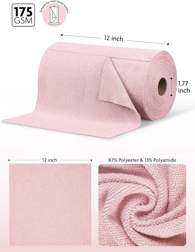 Fantasticlean Microfiber Cleaning Cloth Roll -150 Pack, Tear Away Microfiber Towels, 12" x 12", Reusable, Washable, Ultra Absorbent Dishcloth for All-Around Cleaning Supplies (2 Rolls of Pink)