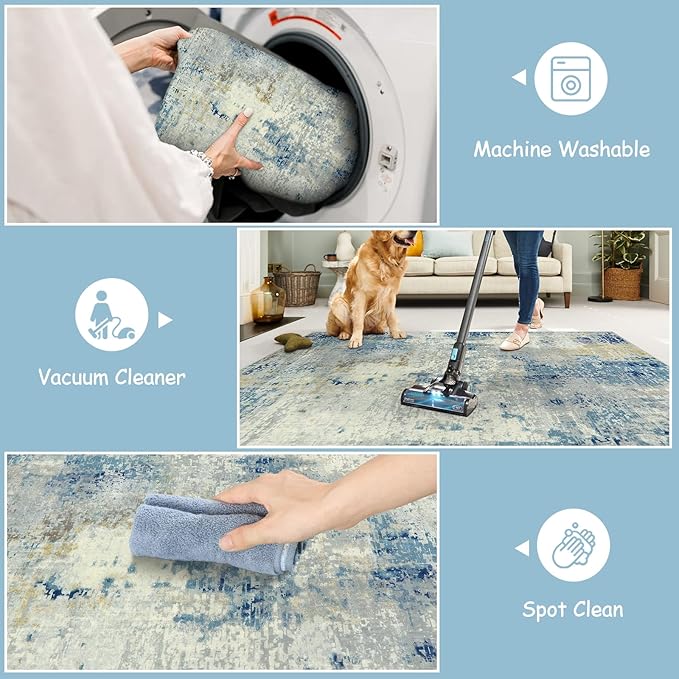 Lahome Modern Abstract Area Rug 4x6, Washable Living Room Rug for Bedroom Entryway Non Slip, Soft Contemporary Indoor Floor Throw Carpet for Apartment Playroom Home Office, Blue