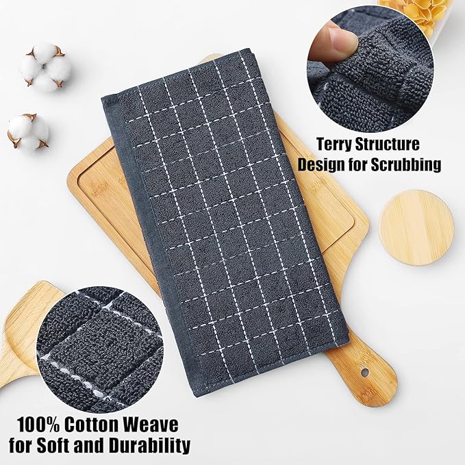 Homaxy 100% Cotton Terry Kitchen Towels(Dark Grey, 13 x 28 inches), Checkered Designed, Soft and Super Absorbent Dish Towels, 18 Pack
