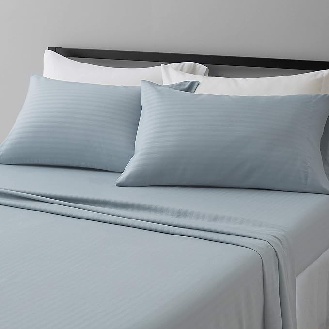 Amazon Basics Soft, Breathable Microfiber Bed Sheets, Queen Size, 4-Piece, Spa Blue Striped AmazonBasics