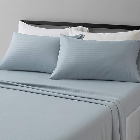 Amazon Basics Soft, Breathable Microfiber Bed Sheets, Queen Size, 4-Piece, Spa Blue Striped AmazonBasics