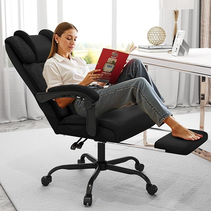 Ergonomic Office Chair with Footrest, 400lbs High Back Executive Home Office Computer Chair with Unique Ear-Shape Headrest for Neck Support,Black Leather Office Chairs for Home Office Work