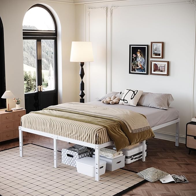 18 Inch California King Bed Frames Heavy Duty Metal Platform No Box Spring Needed, Maximum Storage, Easy to Assembly, Noise Free, White