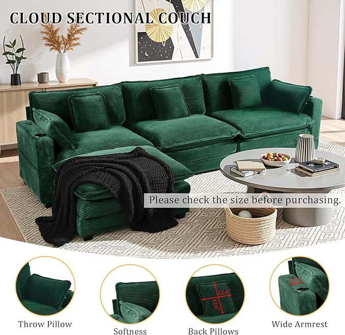 Gexpusm Modular Sectional Sofa,99" Couches for Living Room,Corduroy Sofa with Ottoman & Pillow,Cloud Sectional Couch with Cup Holders & USB,Side Pockets,3-Seat Corduroy Boneless Chair Indoor (Green)