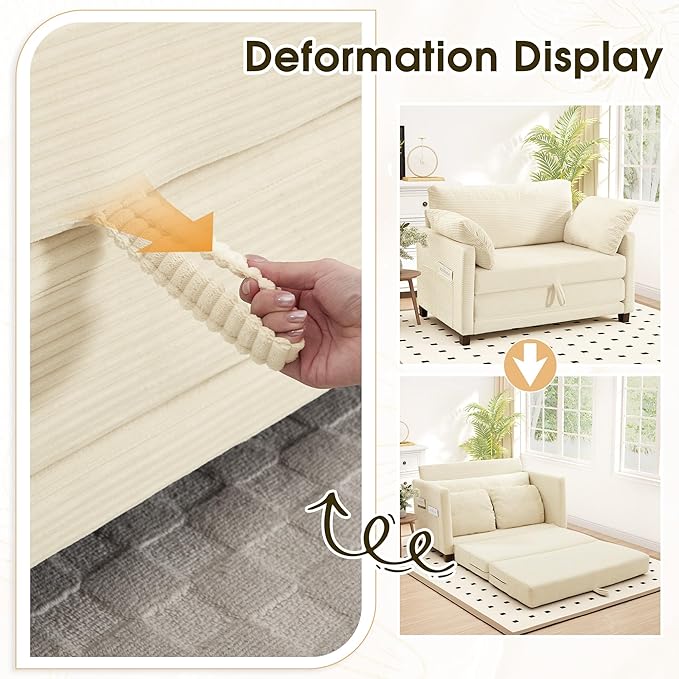 51" Convertible Loveseat Sofa Bed, 2-in-1 Folding Sofa Bed with 2 Pillow for Small Spaces, Modern Loveseat Sleeper Couch for Apartment, Living Room & Guest Room (Corduroy Beige, 51 inch)