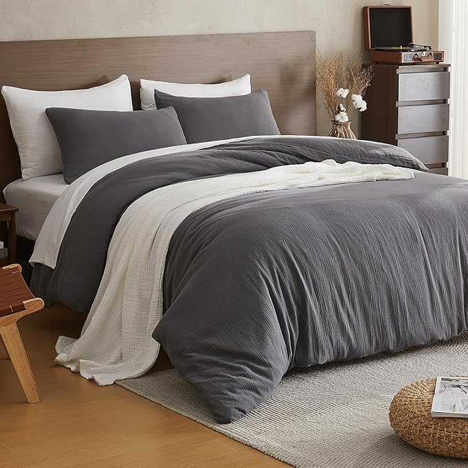 EMME Muslin Cotton Duvet Cover Set Dark Grey Queen Size Linen Like Soft Breathable Lightweight Summer Comforter Cover Set with Zipper Closure (Dark Grey, Queen, 90"x90")